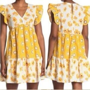 Melloday Yellow and White Lined Floral Ruffled Swing Dress